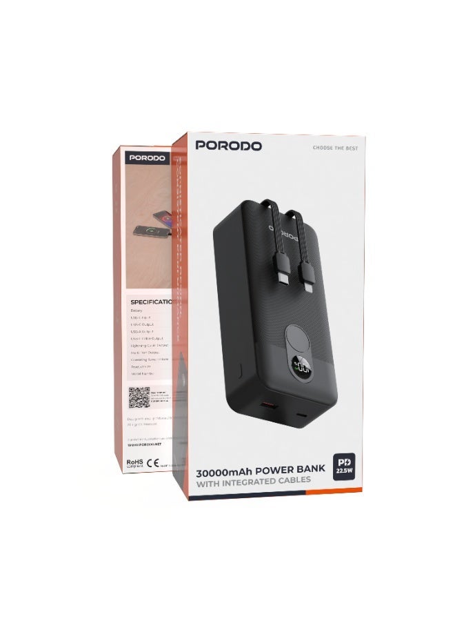 بورودو بنك طاقة 30000 مللي أمبير في الساعة بشاشة رقمية مع كابل Type-C وLightning / توصيل طاقة 22.5 وات / شحن متزامن - اسود - Image 5